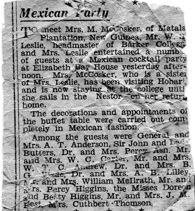 Marjorie McCosker entertained at Barker College by the Leslies.       Sydney Morning Herald, probably 1933